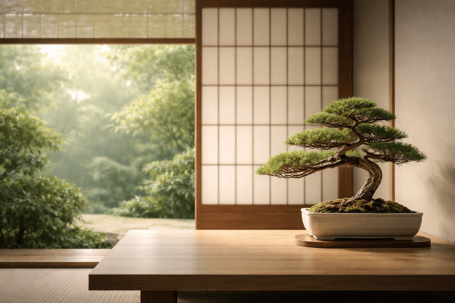 和モダンな室内に飾られた盆栽